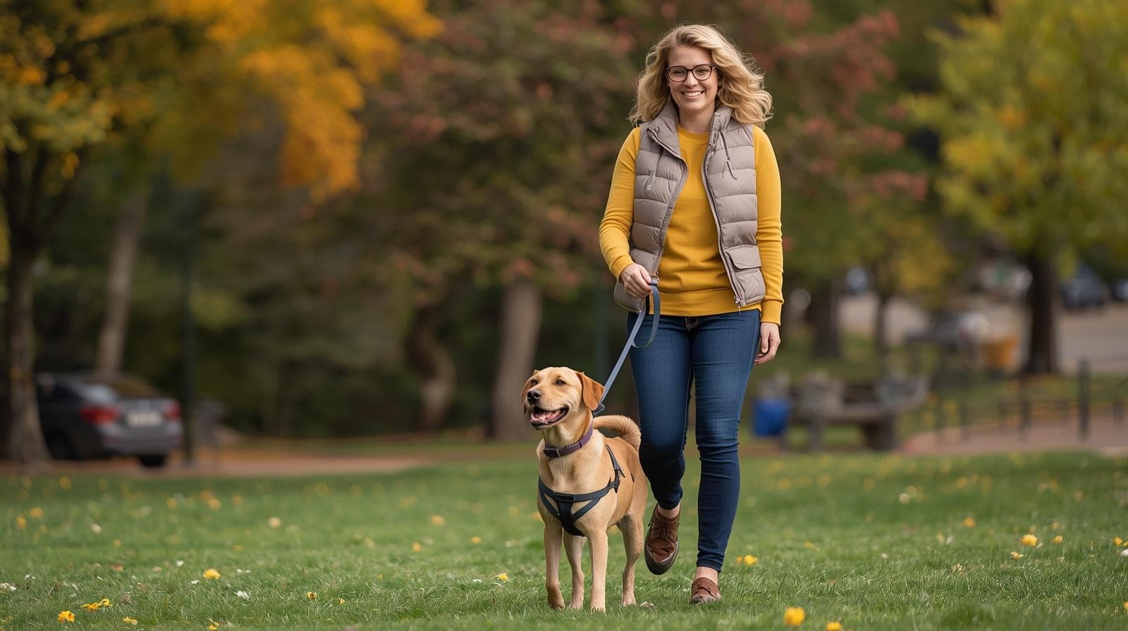 Local pet caregiver walking a dog in the community