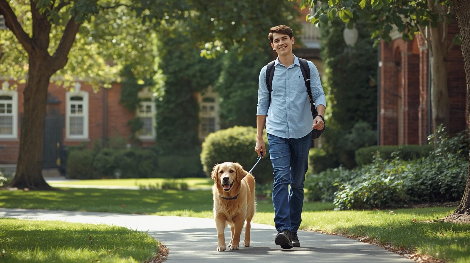 Student walking a dog near a college campus