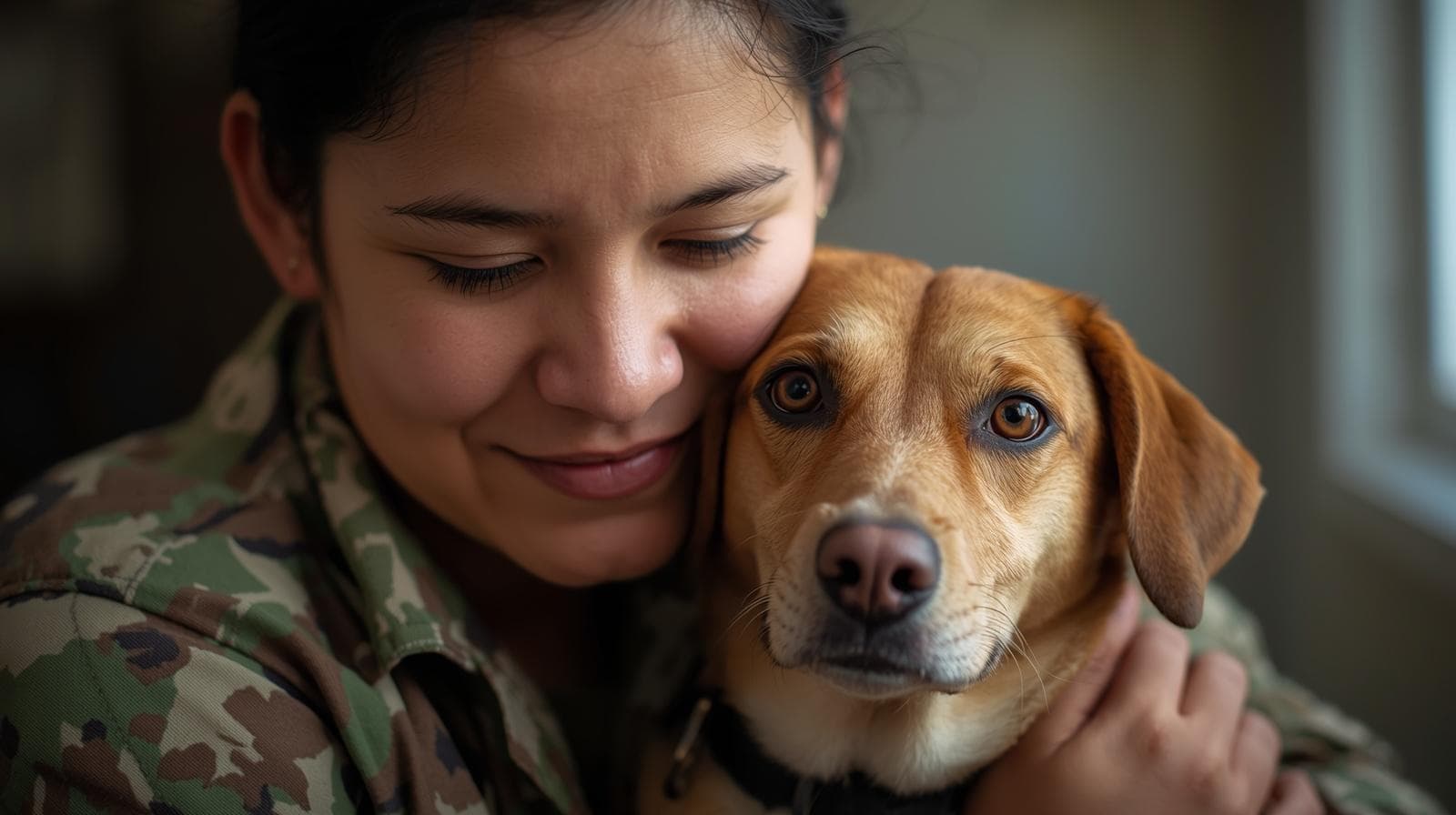Military-connected family spending time with a dog